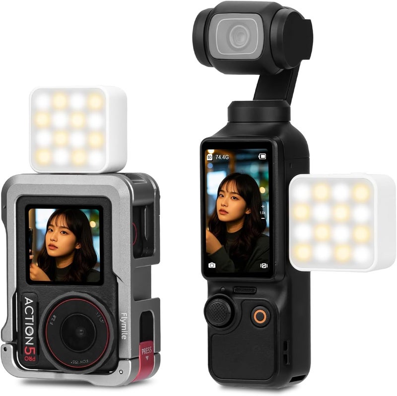 Flymile Pocket 3 Magnetic Fill Light Accessories, 6500K Adjustable Video Light for Xtra Muse with Quick-Release Cold Shoe Base, Compatible with DJI Osmo Action 5 Pro/4/3 Camera Cage Attachment, White - Image 1